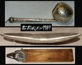 Large, long Handled Bowl, Very Long Signed Pewter Server and Ram Head Cutting Board