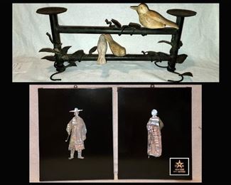 Metal Candle Stand with Birds and Pair of Made in Korea Inlaid Mother of Pearl Wall Plaques 