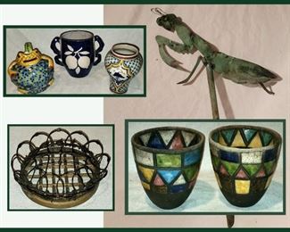 Italian Ceramics, Metal Grasshopper, Unusual Flower Frog-(There are a good many vintage flower frogs) and a pair of small colorful cups 