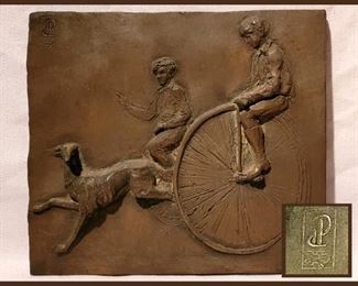 Signed Metal Plaque with Kids on a Penny Farthing with their Dog
