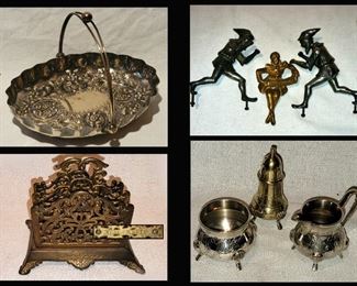 Pretty Silver Plated Basket, Metal Figures, Small Slotted Holder marked National Brass Iron Work, READING, PA and Small Creamer, Sugar and Shaker 