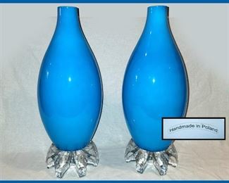 Pair of Gorgeous Tall Glass Vases Hand Made In Poland On Glass Stands