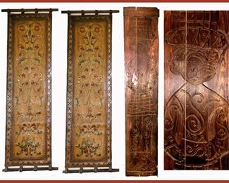 Pair of Leather Wall Hangings and Tall Carved Wooden Plaque