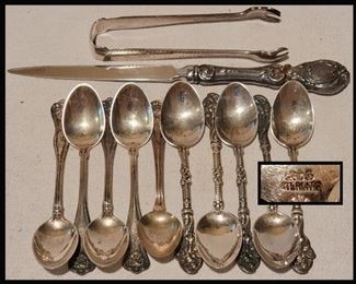 Sterling Spoons, Letter Opener and Tongs