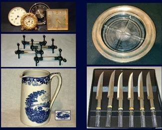 Vintage Clocks, Mother of Pearl Knife Rests, Sterling and Glass Divided Dish, Transferware Pitcher and Steak Knives with Lucite Handles 