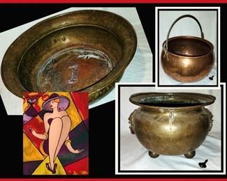 Large Copper & Brass Pots and Colorful Art
