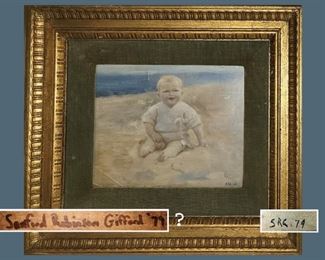 Oil Painting of a Baby at the Beach Signed SRG and showing information on the back of the painting which reads; Sanford Robinson Gifford '79