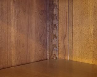 interior workmanship of lovely Grange beveled glass-front multi-shelf cabinet