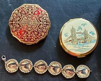 Vintage powder compacts, cool handmade bracelet