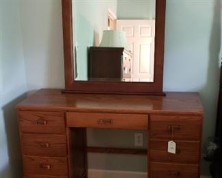 Wood vintage desk, beveled mirror