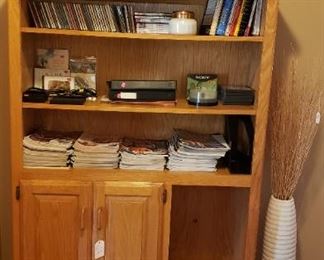 Oak bookcase, CD'S, magazines, etc.