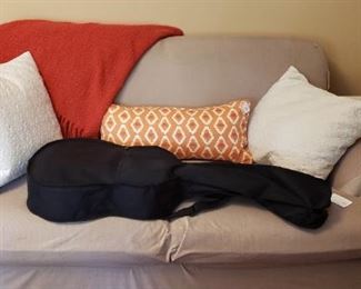 Love seat with , pillows, end tables, Burnswood guitar