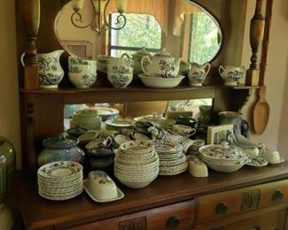 J&G Meakin (England) Classic White Blue Nordic china sitting on antique china hutch