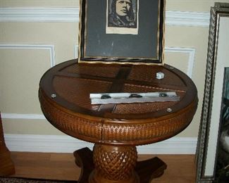 Round Wood and Wicker Side Table