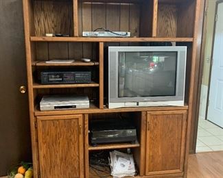 Great oak entertainment center, tv, record player, dvd players