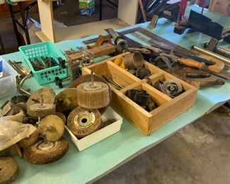Sanding wheels, drill bits, miter box, etc