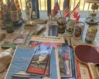 Vintage beer bottles and cans, ephemera, statues