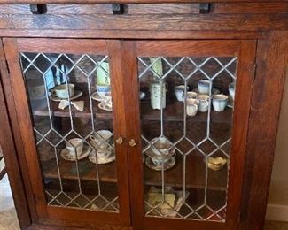 106m Antique Oak Leaded Glass Cabinet