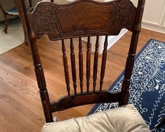 Antique Large Claw Foot Tiger Oak Table with Antique Cane Chairs and Tufted Upholstered Chairs