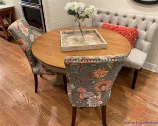 PIER 1 Round Wood Table with Studded Floral Sitting Chairs