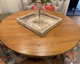 PIER 1 Round Wood Table with Studded Floral Sitting Chairs
