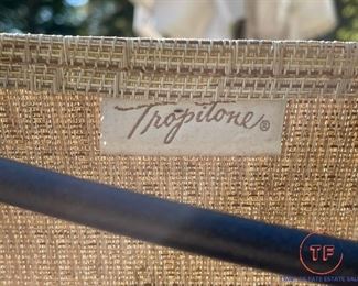 TROPITONE Banchetto Slat Aluminum Table with TROPITONE Montreux High Back Swivel Rocker Scroll Arm Chairs