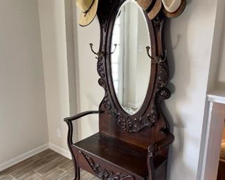 Antique Ornate Carved Hall Tree Bench