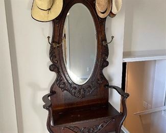 Antique Ornate Carved Hall Tree Bench