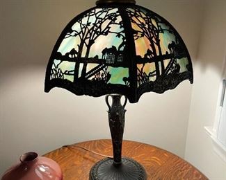 Early 1900's CARL CONRAD & CO (CC Co.) Antique Slag Glass Lamp - (BRADLEY & HUBBARD)