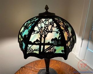 Early 1900's CARL CONRAD & CO (CC Co.) Antique Slag Glass Lamp - (BRADLEY & HUBBARD)