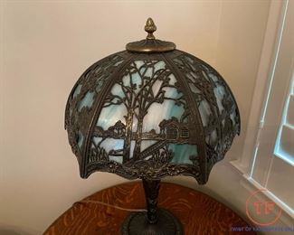 Early 1900's CARL CONRAD & CO (CC Co.) Antique Slag Glass Lamp - (BRADLEY & HUBBARD)