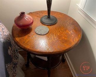 Antique Round Tiger Oak Side Table with Ball and Claw Feet
