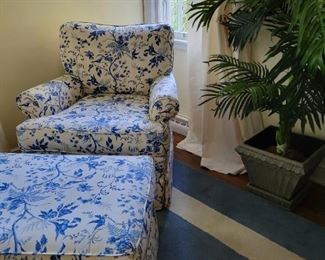 Blue and White Armchair with matching Ottoman.