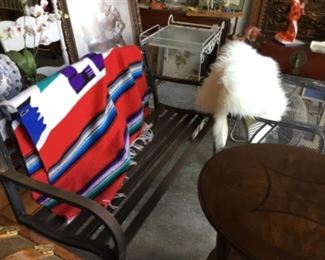 Blanket, sheepskin rug, outdoor bench