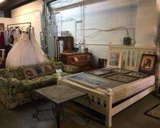 Vintage sofa, queen pottery barn bed frame with memory foam mattress