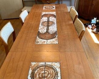 Midcentury modern Danish modern dining table and 6 chairs, painted "tile" panels