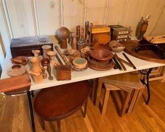 Wood items, many made by Joe; Lap desk, upper left. Tables underneath.
