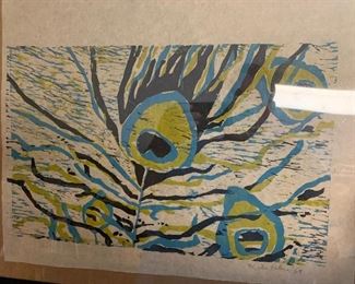 wood block print -peacock feathers