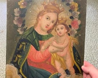 Mexican style icon Madonna and child painted on tin