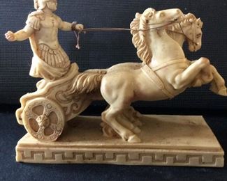 RESIN ROMAN GLADIATOR CHARIOT & HORSE SCULPTURE