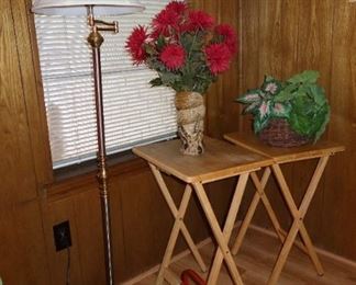 Pair TV Trays - Brass Floor Lamp - Artificial Plants