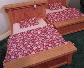 Pair of hand-made oak doll beds