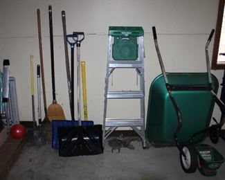 SHOVELS, LADDER, WHEEL BARREL