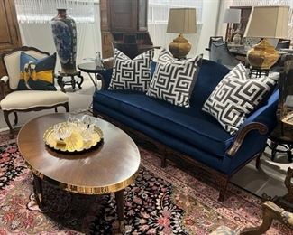 Baker sofa, Sherrill chairs, Kravet table, vintage rug, Lili Alessandra pillows, antique lamps and decor