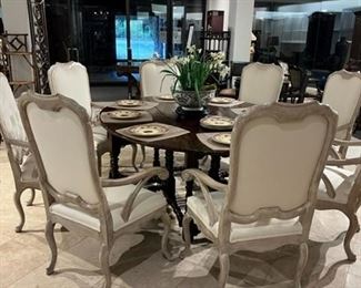 Minton Spidell arm chairs, antique drop leaf table, crystal chandelier, dinnerware