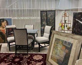 game table, chairs, vintage rug, artwork, small decor