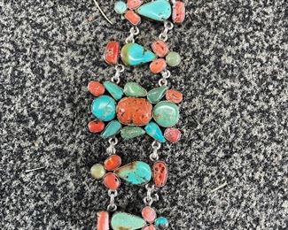 Turquoise and coral sterling bracelet