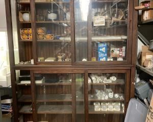 General Store Cabinet with Wainscoting;  sliding glass doors 5ft W x 88 inch H x 13 inch D