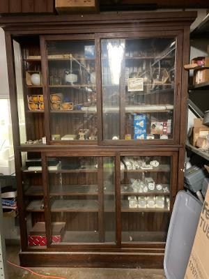 General Store Cabinet with Wainscoting;  sliding glass doors 5ft W x 88 inch H x 13 inch D