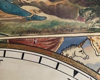 ANTIQUE JOHN FULTON HAMILTON BRITISH GRANDFATHER CLOCK WITH HANDPAINTED FACE 
 "KING BRUCE IN THE CAVE"